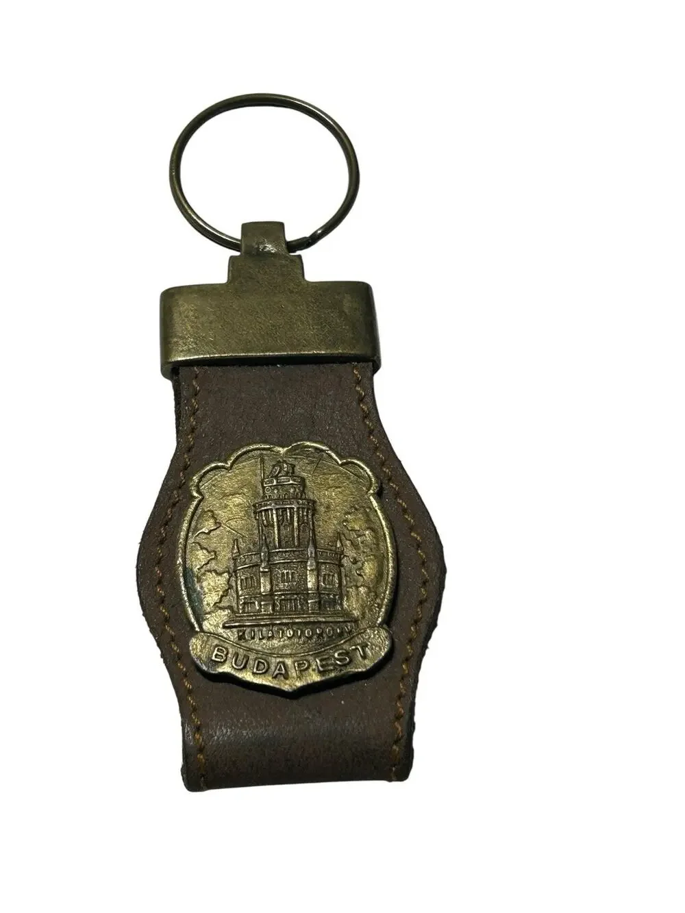Vintage Budapest Tourist Souvenir Keychain RARE Bronze tone w/Leather